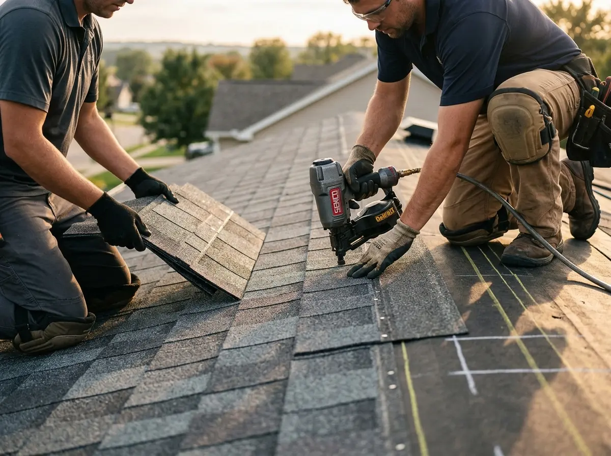 Professional roofer working on a residential roof in Pavilion